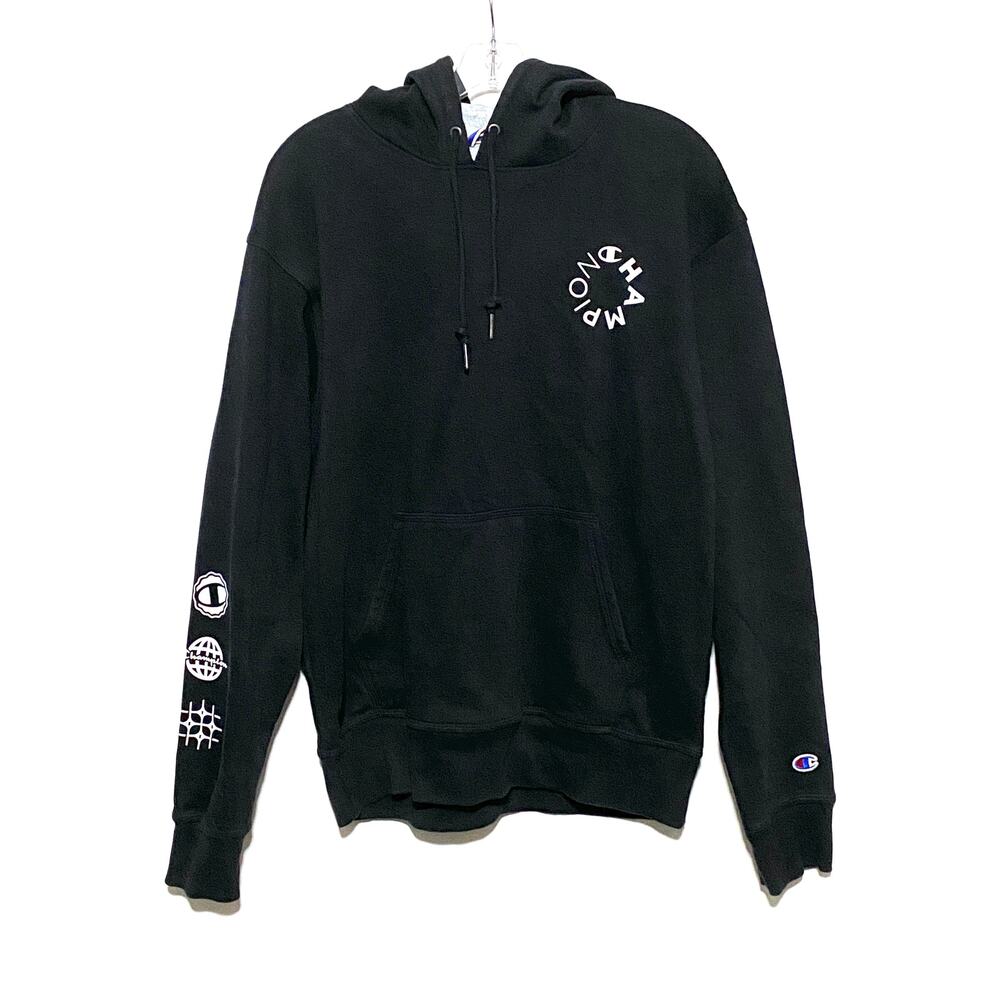 Champion Authentic Athleticwear Black Hoodie Sweatshirt Logo Sleeves Mens M